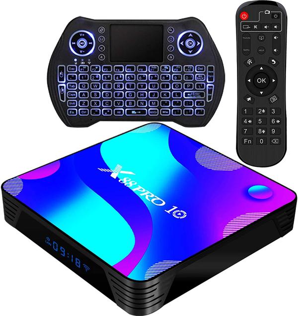 Android TV Box 10.0,RK3318 Smart TV Box 2GB 16GB Support 2.4G 5.8G WiFi Bluetooth 4.1 with Mini Backlit Keyboard Ethernet LAN 3D 4K Video Android TV Player Google Mini PC Set Top TV Box